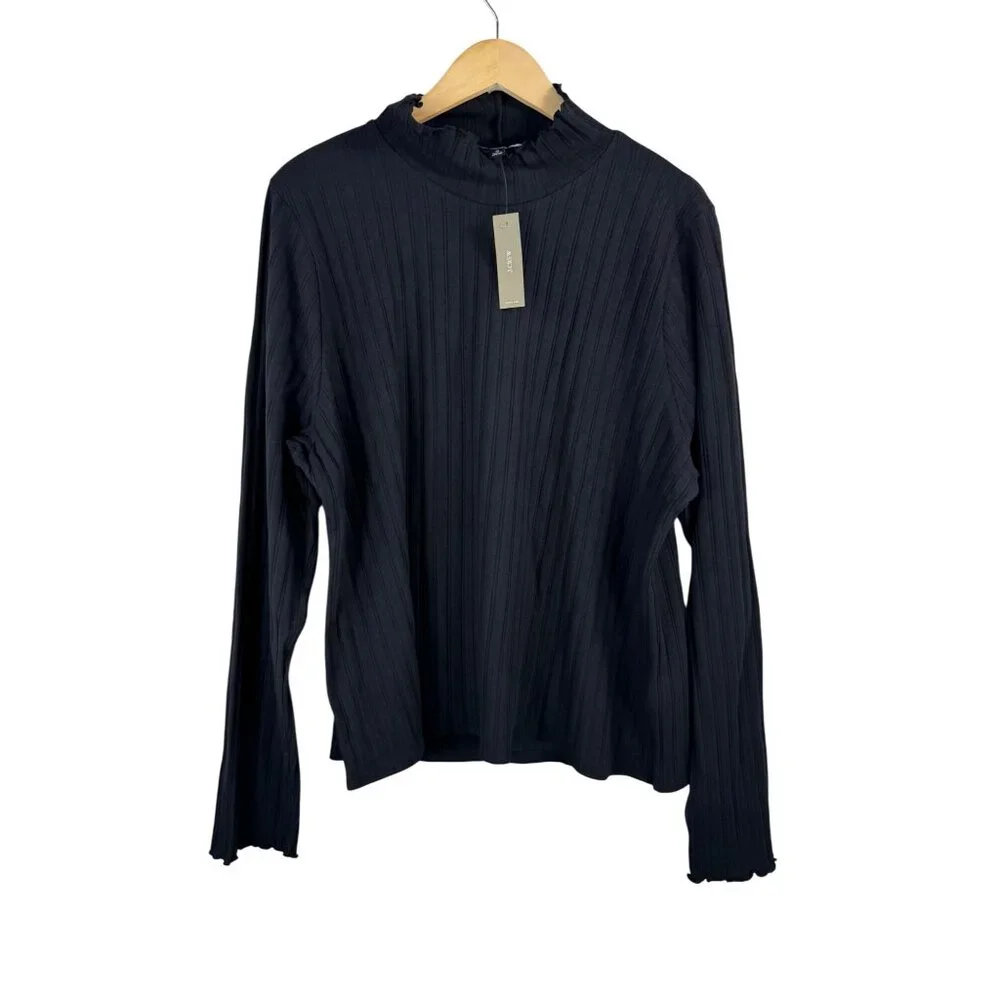 J.Crew Pointelle knit turtleneck top preppy ruffle black ribbed‎ preppy sz 3X